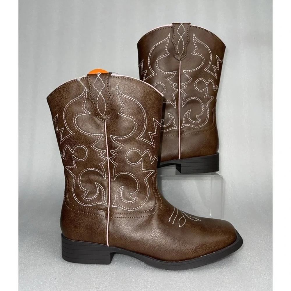 Wonder‎ Nation Brown Pull-on Square Toe Cowboy Cowgirl Boots Big Girls Size 5
